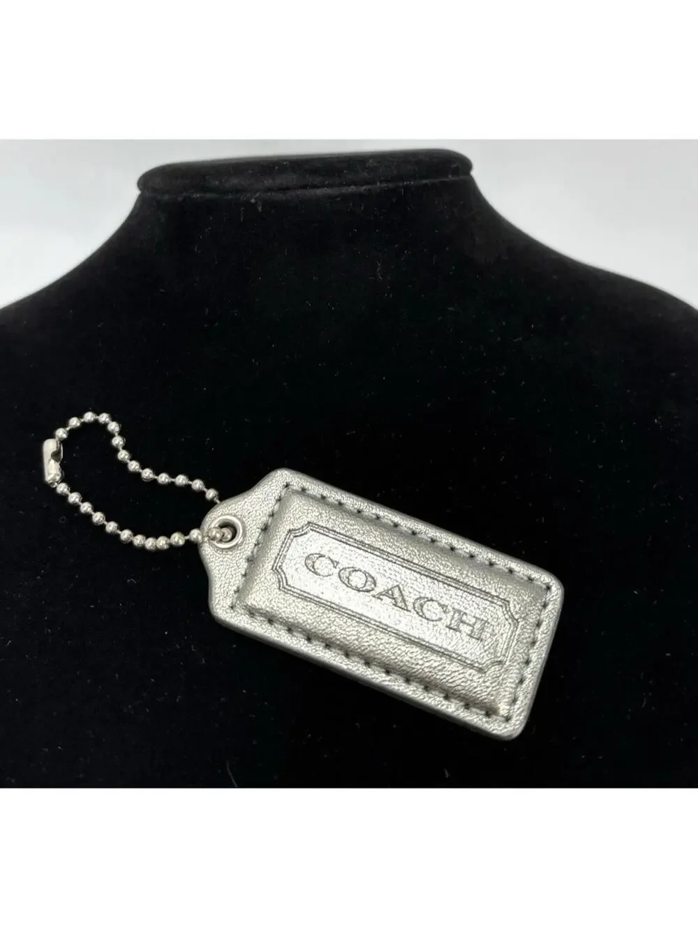 Coach Silver Metallic Leather Keychain Bag Charm Purse Chain Hang Tag Accessory